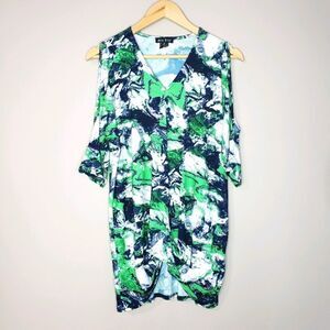Marble Short Sleeve Oversized Cold Shoulder Green Blue Tunic Top Small XSmall